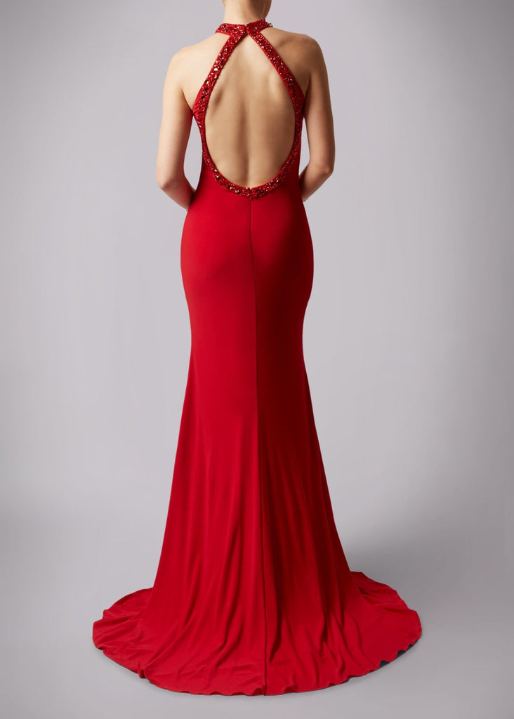 Red teardrop back jersey gown MC181206P - Cargo Clothing