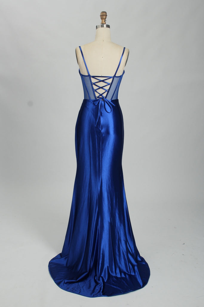 Royal Blue ASHLEY Beaded Corset Dress with Mesh Panels