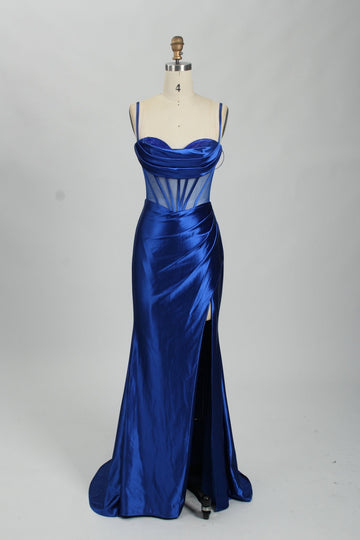 Royal Blue ASHLEY Beaded Corset Dress with Mesh Panels