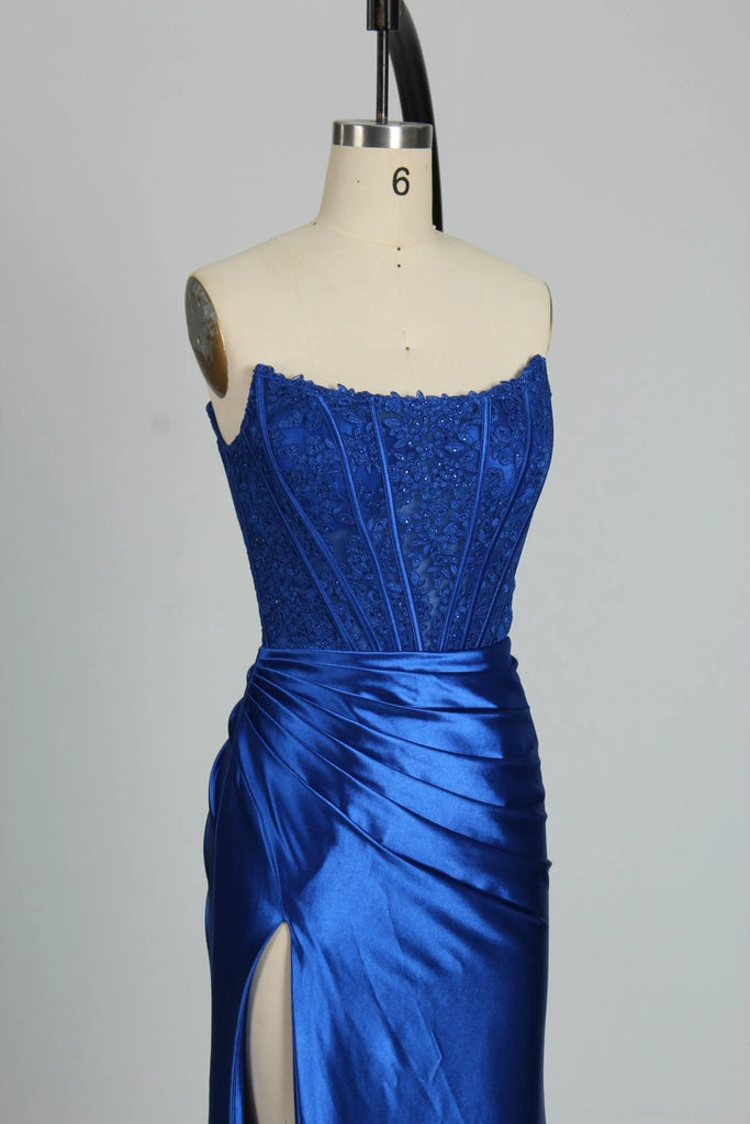 Royal blue Satin Corset Mermaid Dress close up
