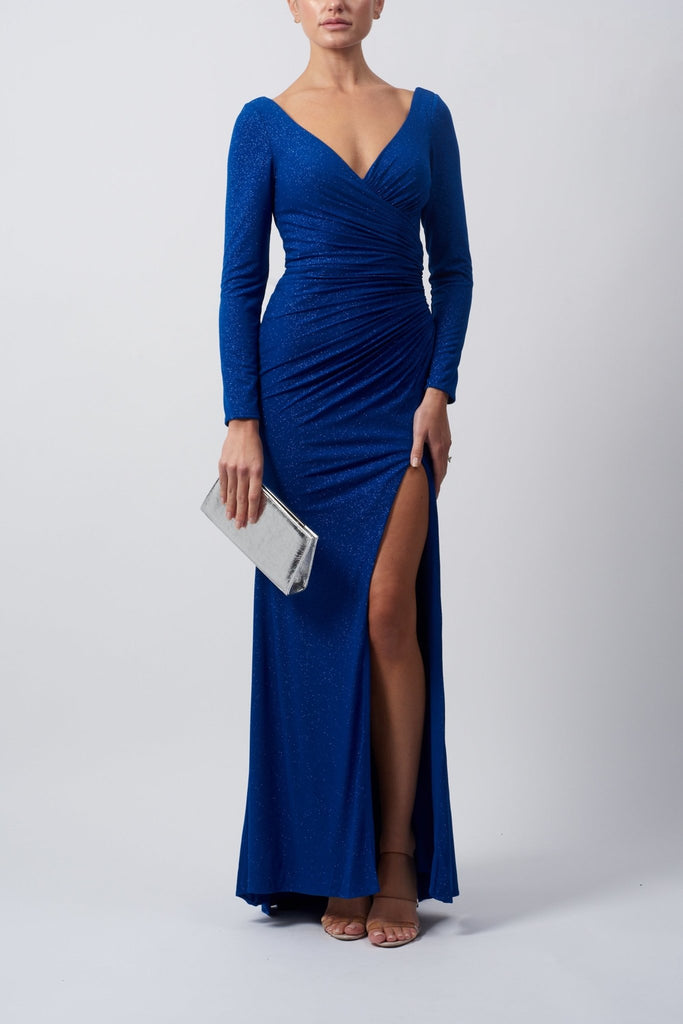 Royal Blue MC121054 Glitter rouched waist long sleeve dress - Cargo Clothing