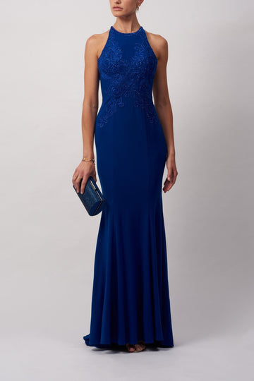 Royal Blue MC181486 Lace high neck evening dress - Cargo Clothing