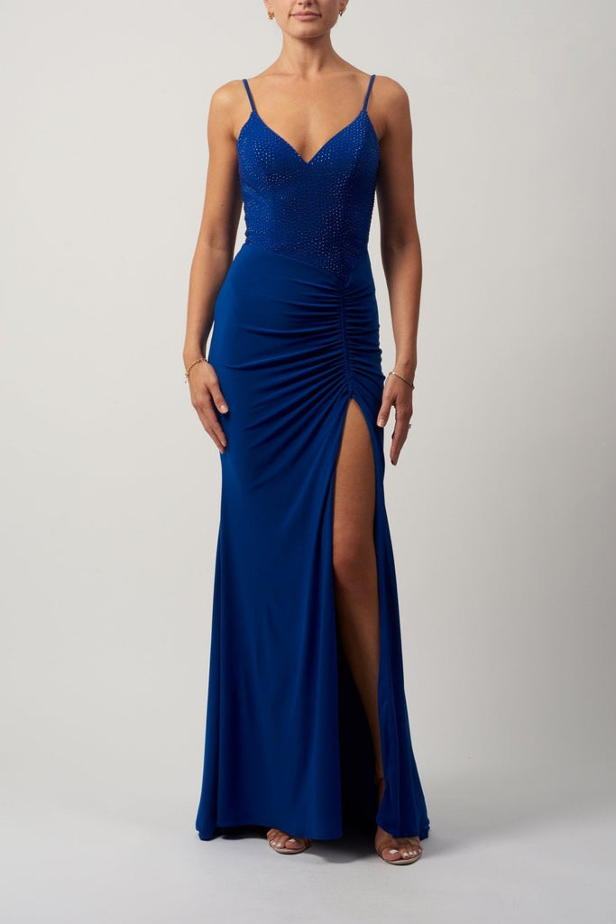 Royal Blue Rouched Glitter Cut-out Dress MC182053