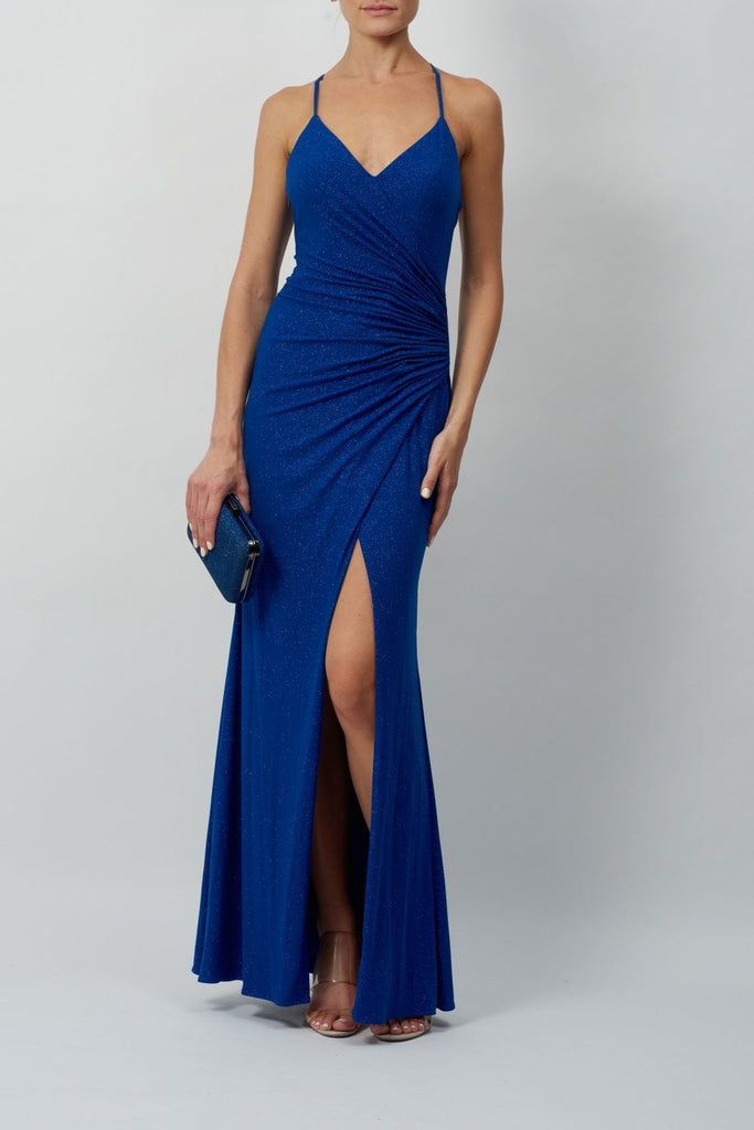 Royal Blue MC186067 Glitter rouched waist gown - Cargo Clothing