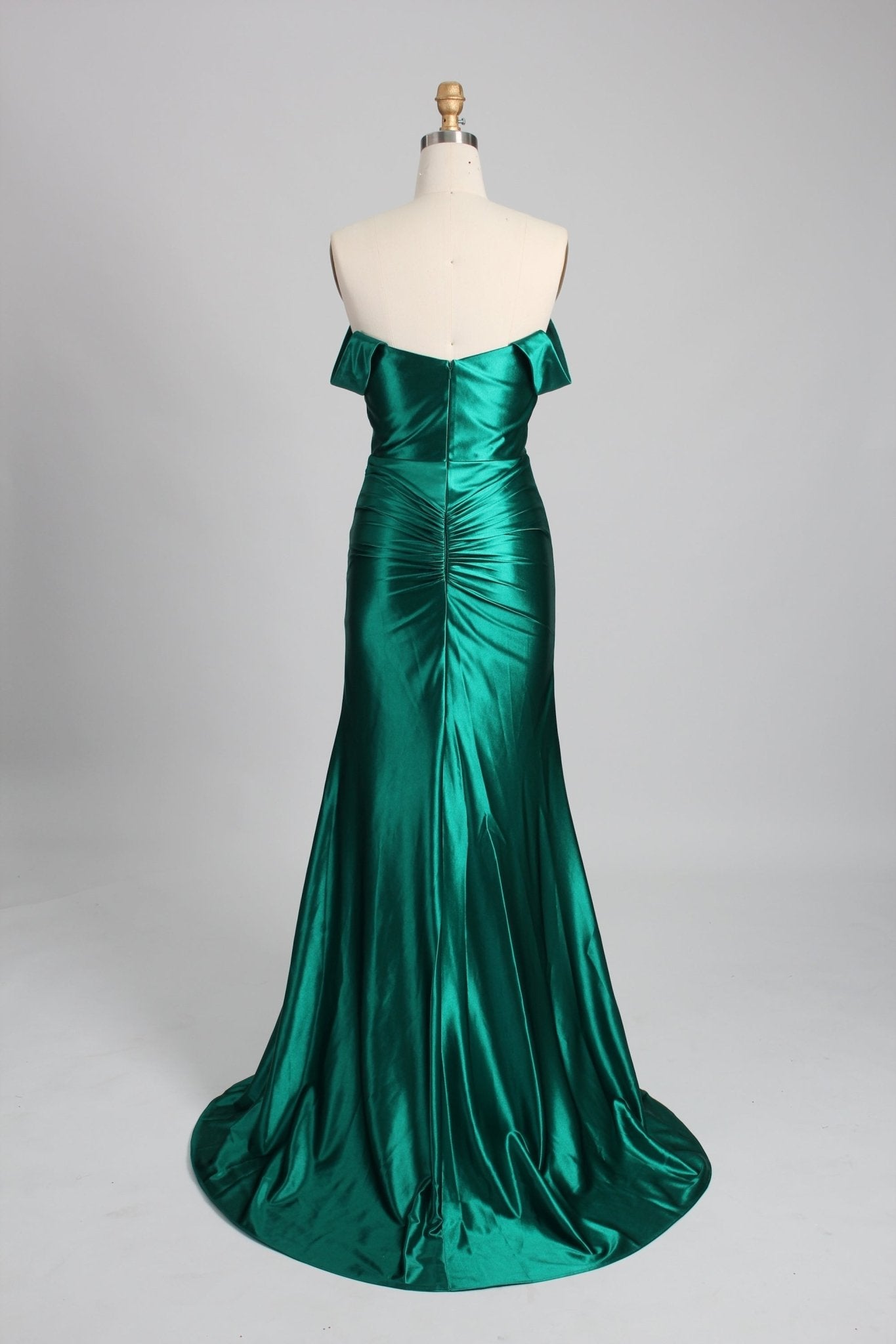 Ruby Green Off-Shoulder Satin Evening Dress - Jessica Stuart Ruby Green Off-Shoulder Satin Evening Dress - Jessica Stuart