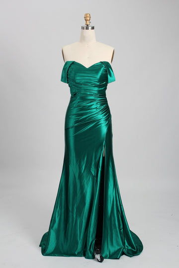 green satin bardot ruby dress on mannequin