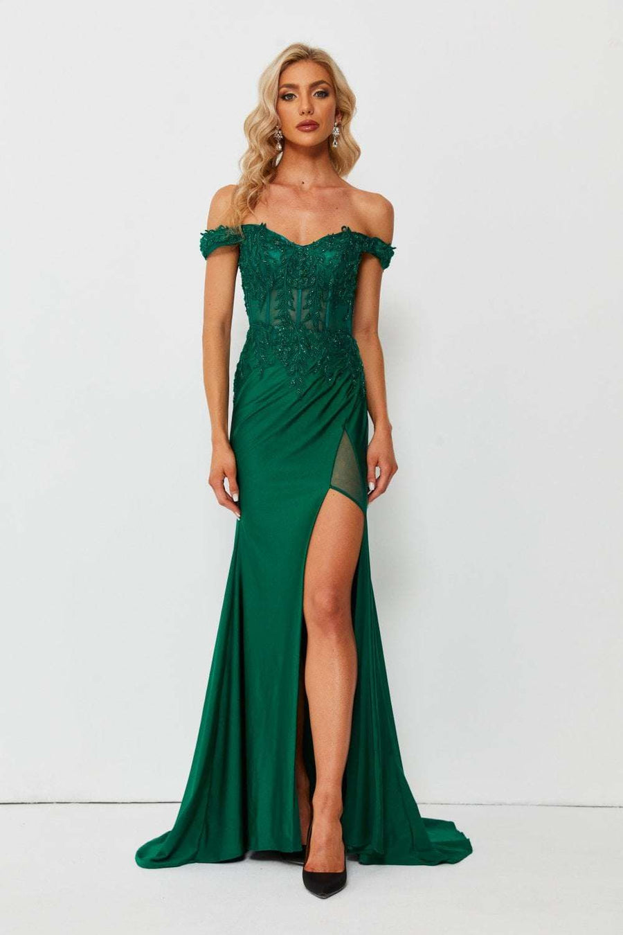 SADIE - Emerald Off-shoulder Corset Dress - Cargo Clothing