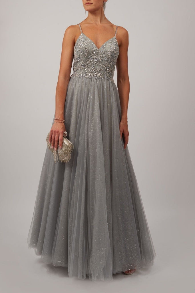 Silver ballgown in tulle by mascara london front image of dress