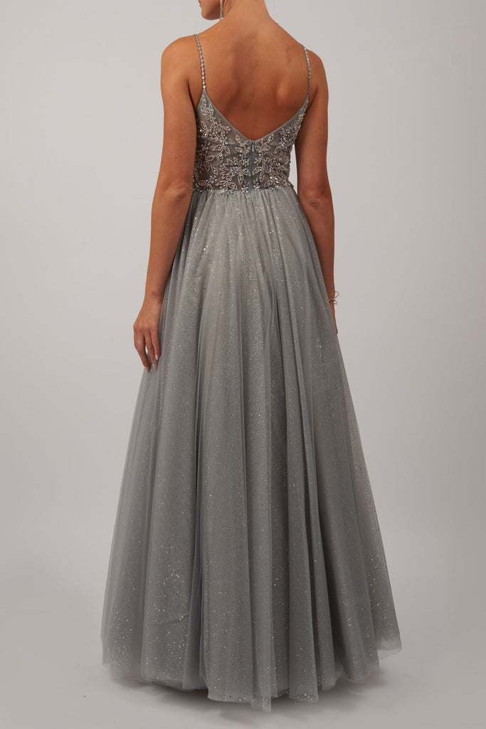 back image of silver full net tulle prom dress 