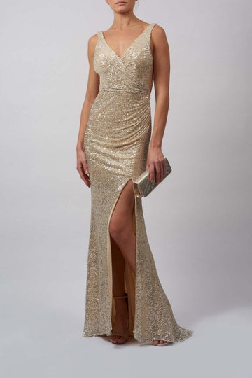 Silver MC18941 Sequin Wrap dress with deep V back - Cargo Clothing