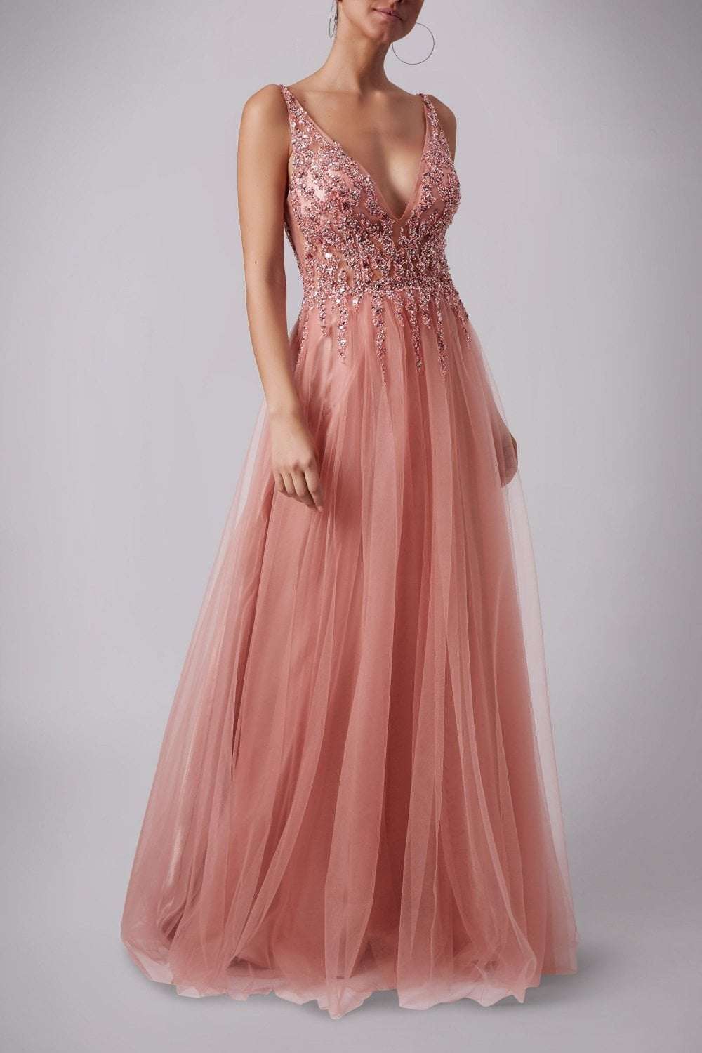 Ray Beads Tulle Net Dress - Soft Rose Elegant Gown | Formal Wear Ray Beads Tulle Net Dress - Soft Rose Elegant Gown | Formal Wear