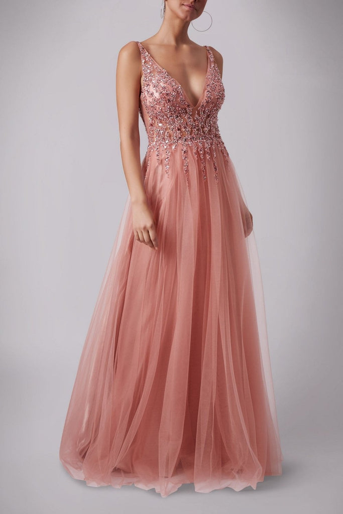 Soft Rose Ray Beads Tulle net dress MC186017