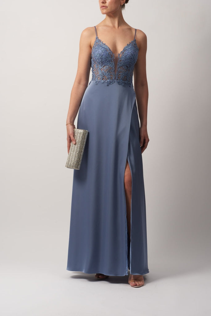 steele blue mascara london dress with thin straps, floral lace bodice and satin skirt Prom Dresses
