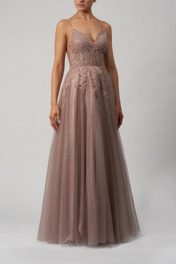Taupe MC11945 Floral Tulle Ballgown - Cargo Clothing
