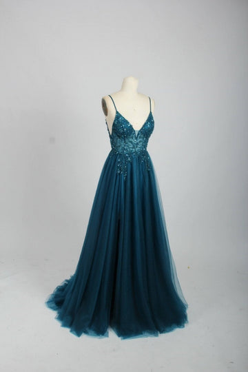 Teal 32564b V-Neck Beaded Prom Dress with Sexy Side Split