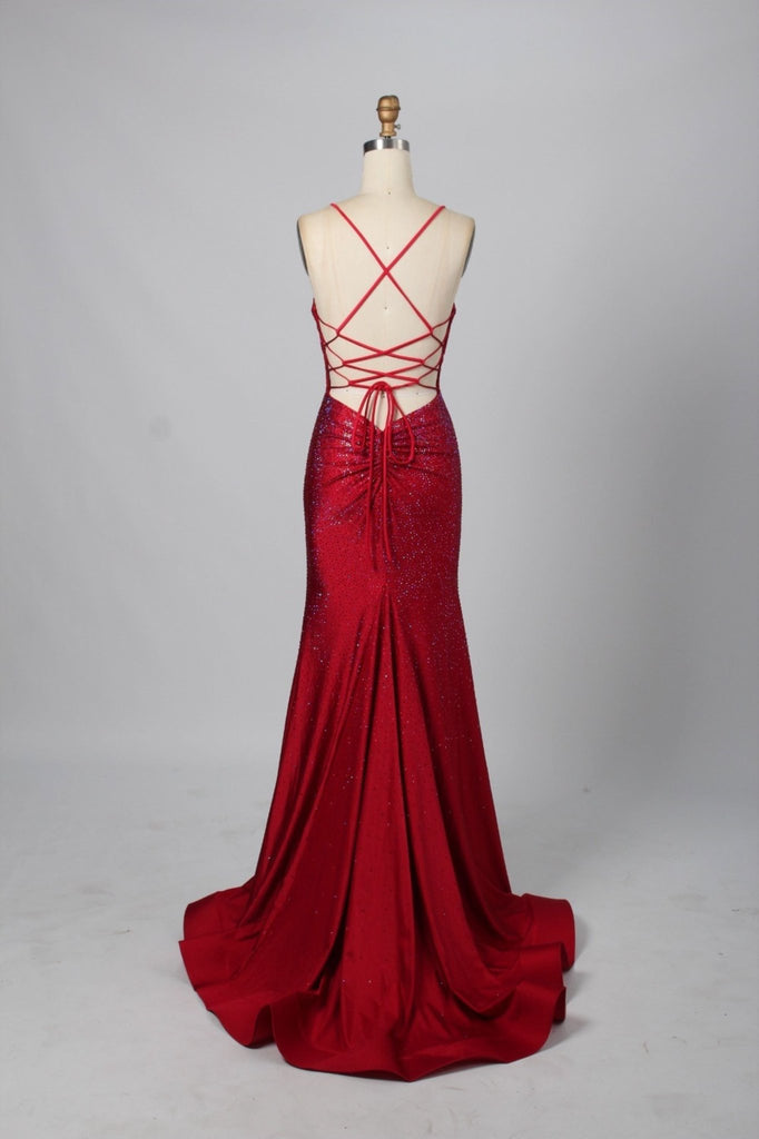 back view of a long backless prom dress