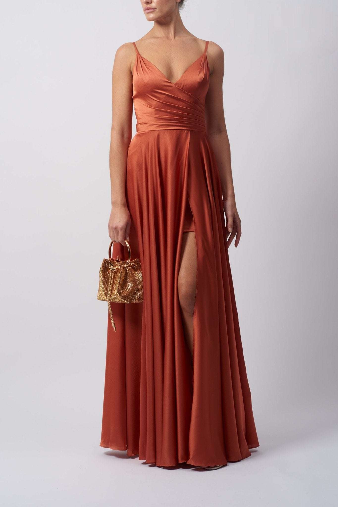 Burnt Orange Satin Prom Dress - Sweetheart Neckline | Satin, Slit, Zip Burnt Orange Satin Prom Dress - Sweetheart Neckline | Satin, Slit, Zip
