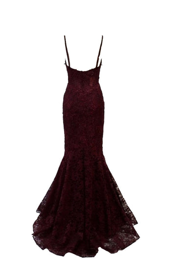 Wine 32551 Lace structured bodice fishtail dress