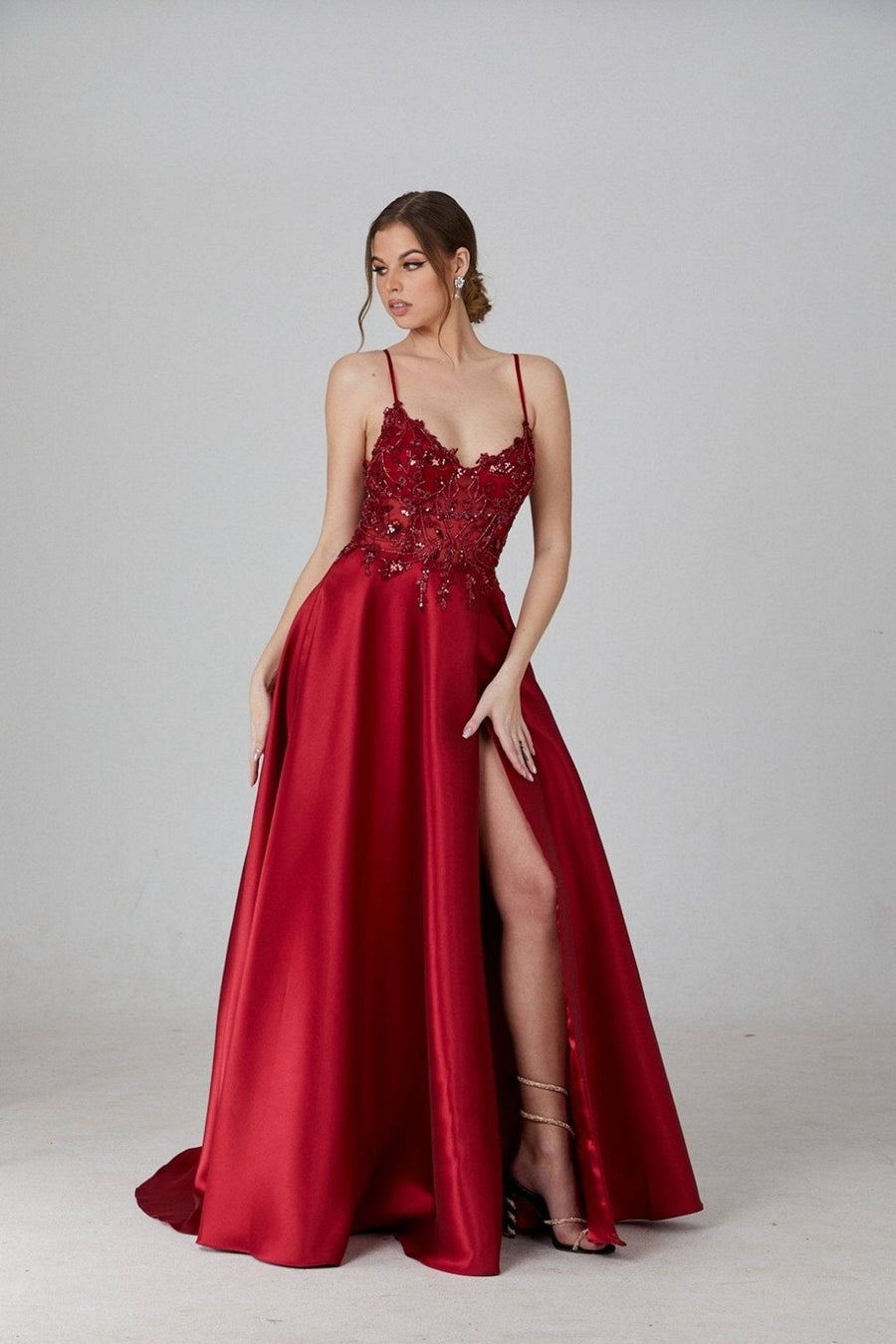 Wine KATE Dress with embellished lace bodice and full taffeta skirt featuring a thigh-high slit, ideal for prom or evening events.
