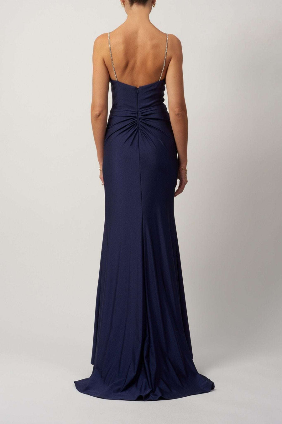 Young female standing in a Wine Diamond Strap Dress back image