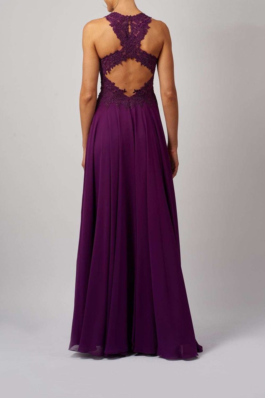 Wine MC181437 lace embellished open back dress - Cargo Clothing