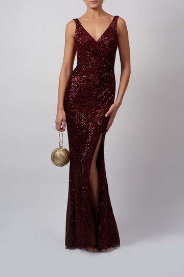 Wine MC18941 Sequin Wrap dress with deep V back - Cargo Clothing