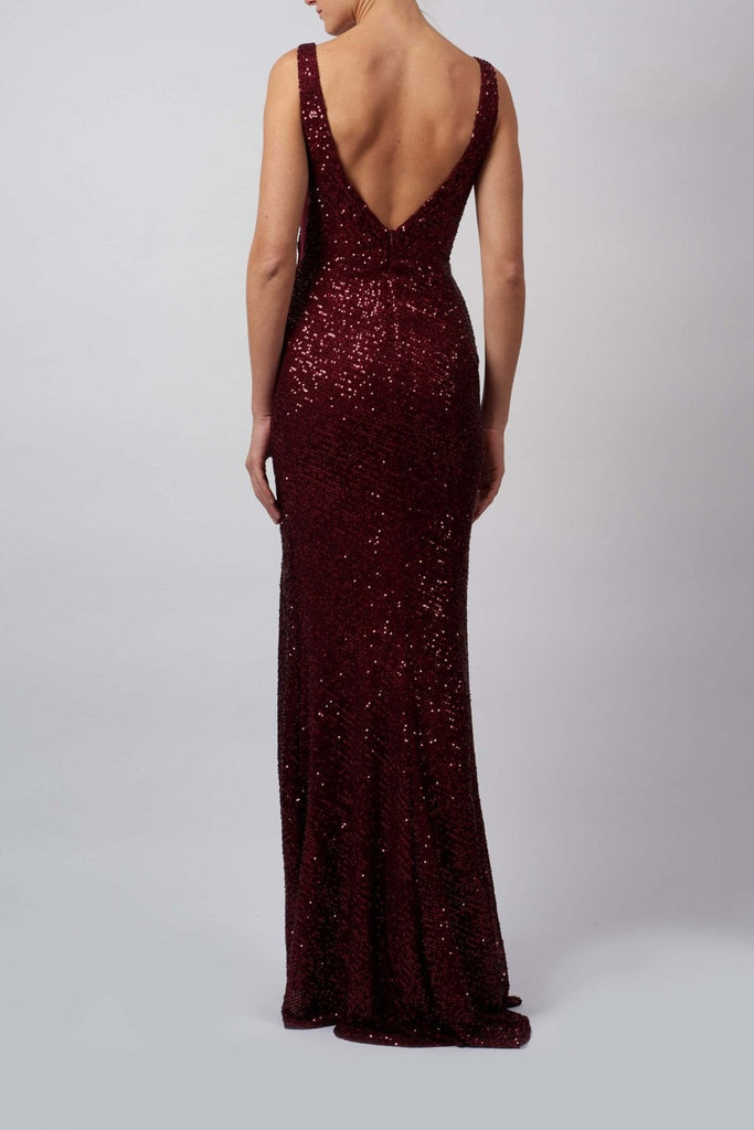 Wine MC18941 Sequin Wrap dress with deep V back - Cargo Clothing