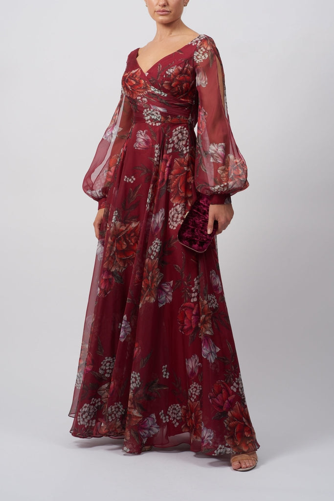 WINE Floral Printed Long Sleeve Dress MC192065
