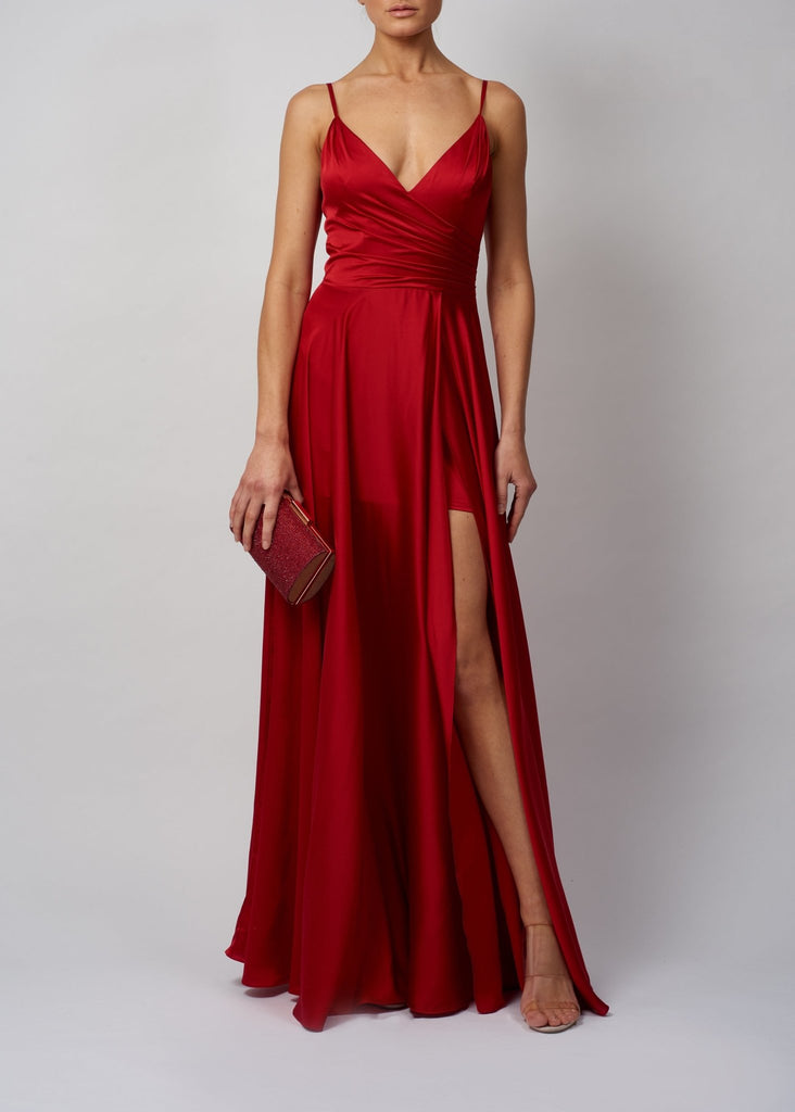 Wine MC220123 Satin Pleat Prom Dress - Cargo Clothing