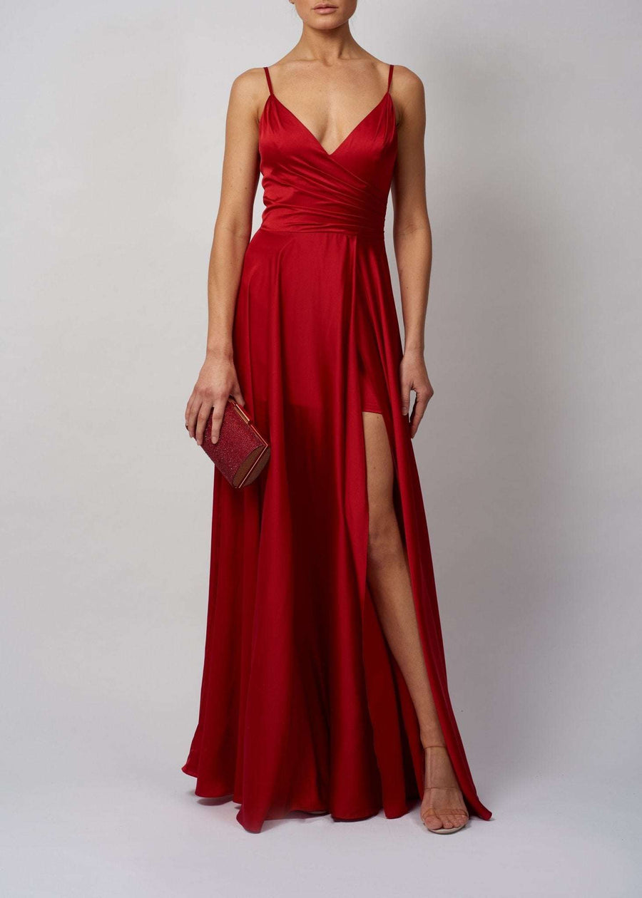 Wine MC220123 Satin Pleat Prom Dress - Cargo Clothing